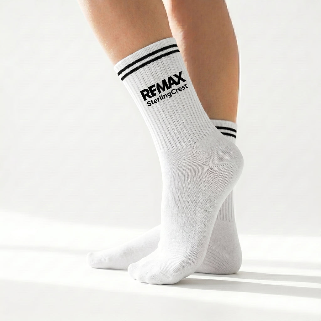 White socks with black stripes and text on a white background