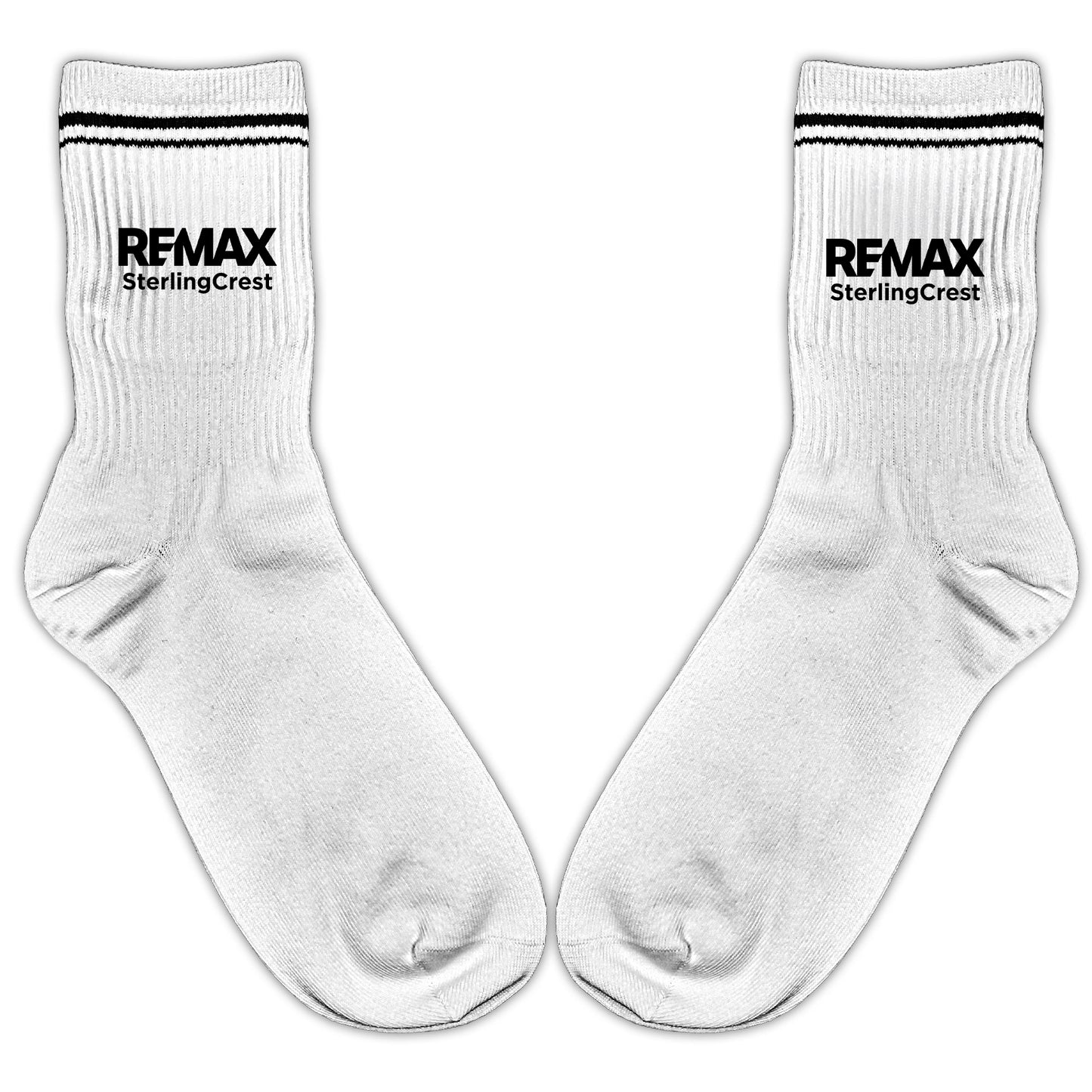 White socks with REMAX SterlingCrest logo on a white background