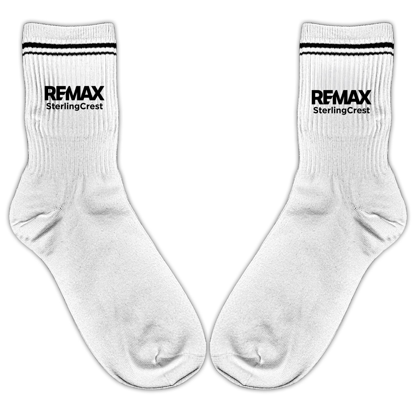 White socks with REMAX SterlingCrest logo on a white background