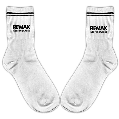 White socks with REMAX SterlingCrest logo on a white background