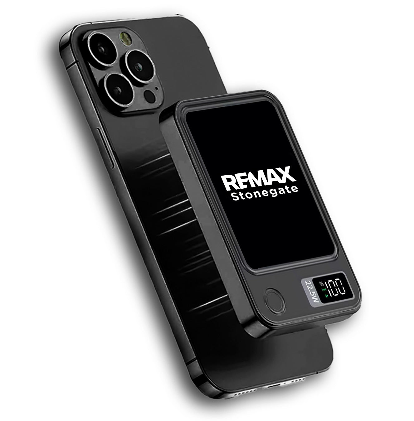 Black phone case with Remax branding and digital display on a white background