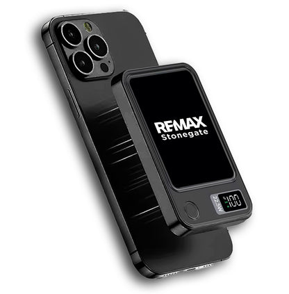 Black phone case with Remax branding and digital display on a white background