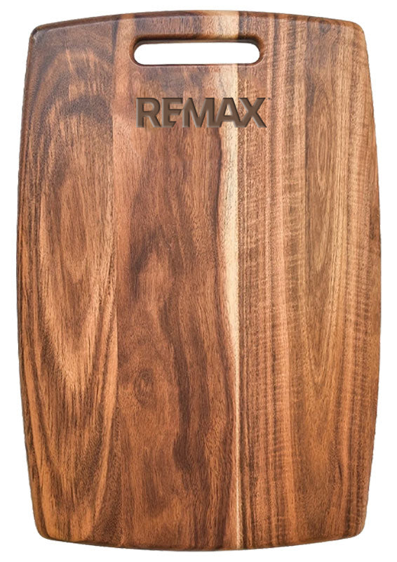 Wooden cutting board with REMAX branding on a white background