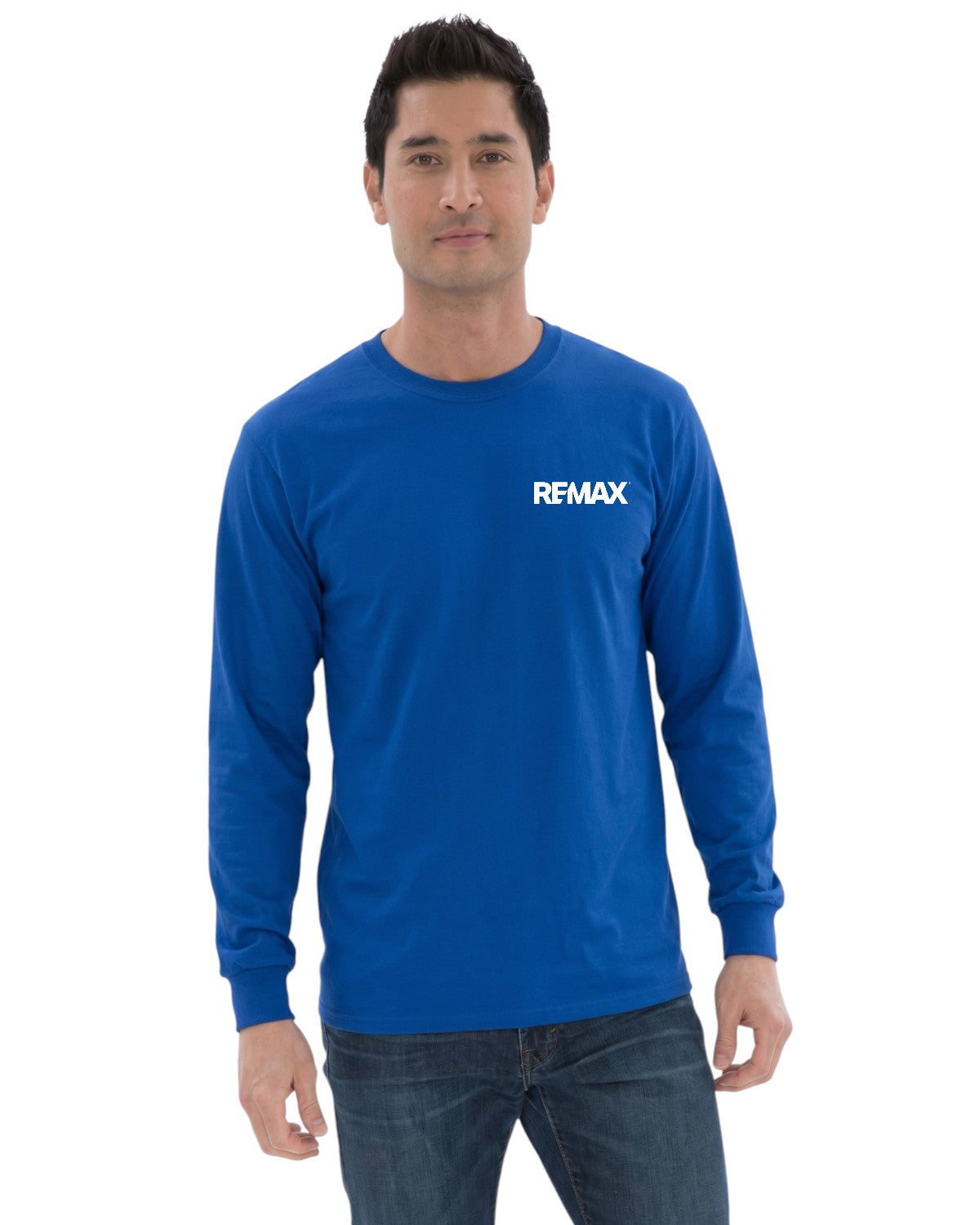 Man wearing a blue long-sleeve shirt with 'REMAX' logo on a white background