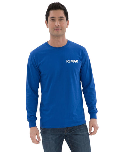 Man wearing a blue long-sleeve shirt with 'REMAX' logo on a white background