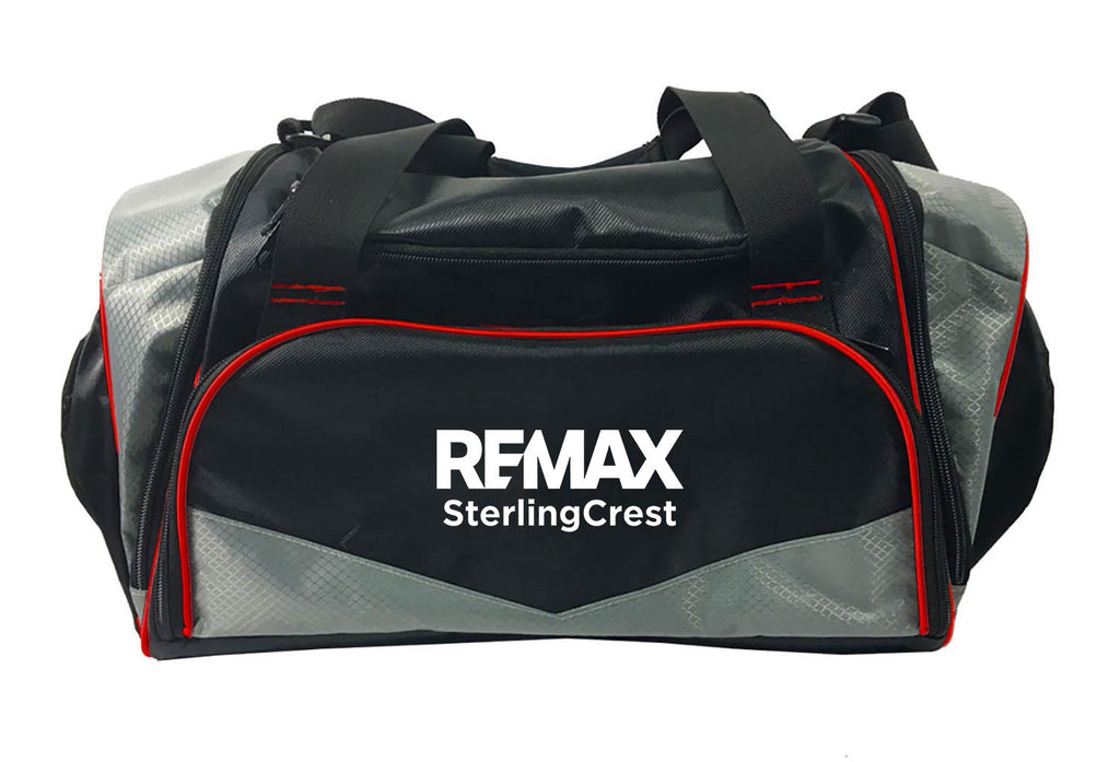 Black and gray duffel bag with REMAX SterlingCrest logo on a white background