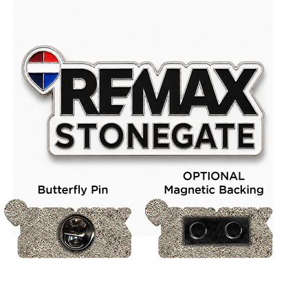 REMAX Stonegate butterfly pin with an optional magnetic backing on a white background