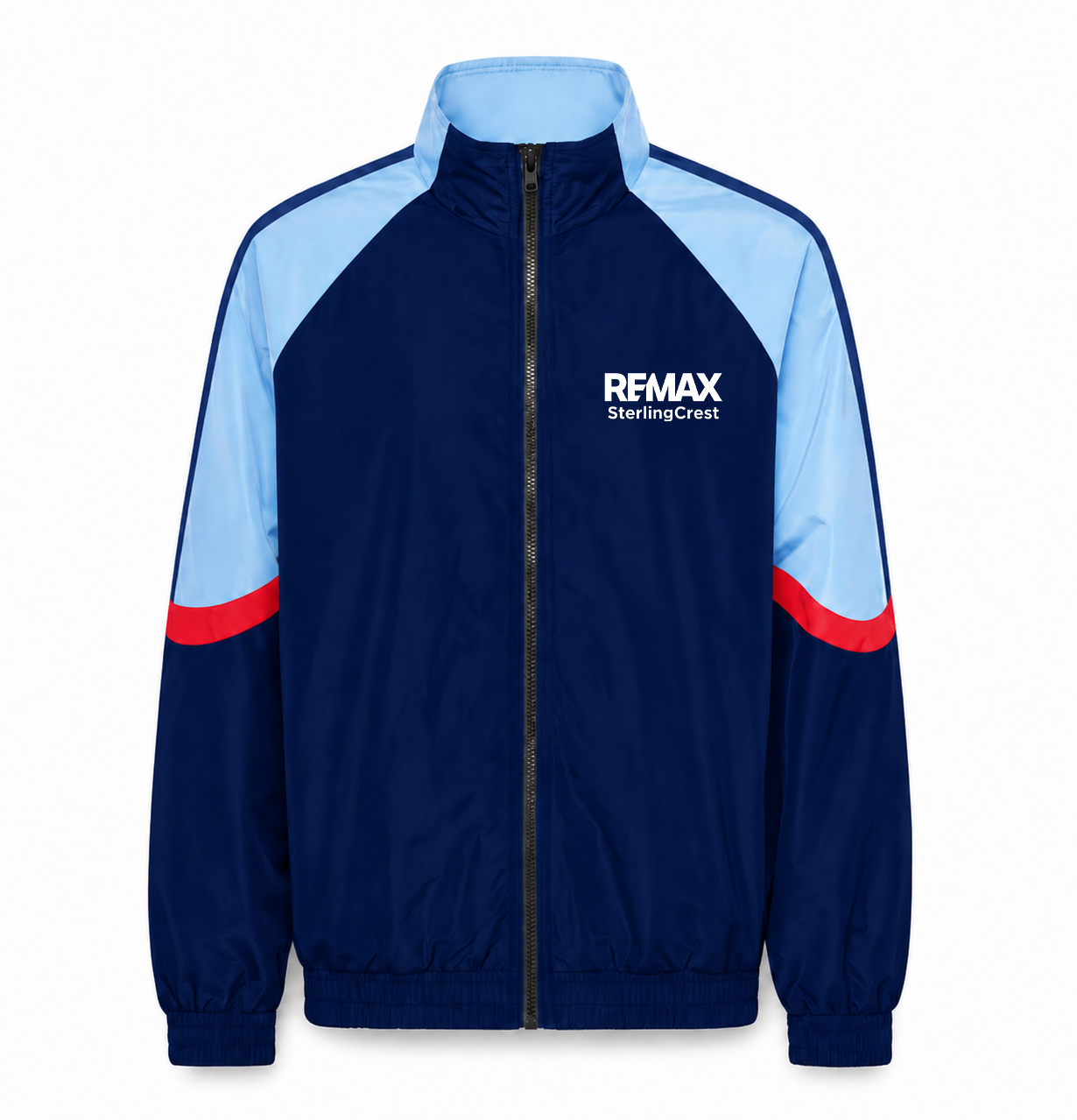 Navy and light blue jacket with red accents and RFXM logo on a white background