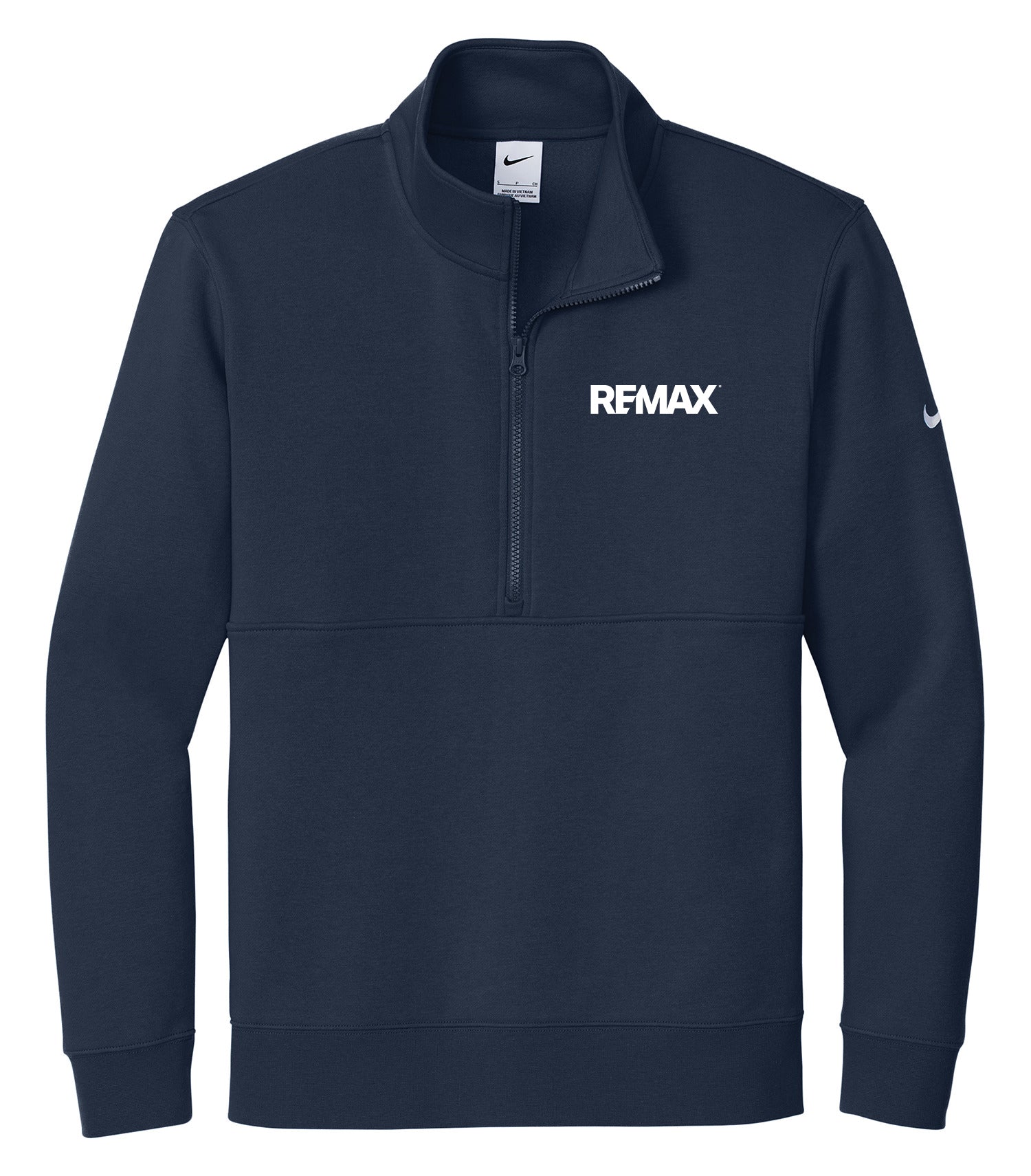 A navy blue Nike quarter-zip pullover sweatshirt with a white 'REMAX' logo printed on the left chest and a small white Nike swoosh on the right sleeve, shown against a plain white background.