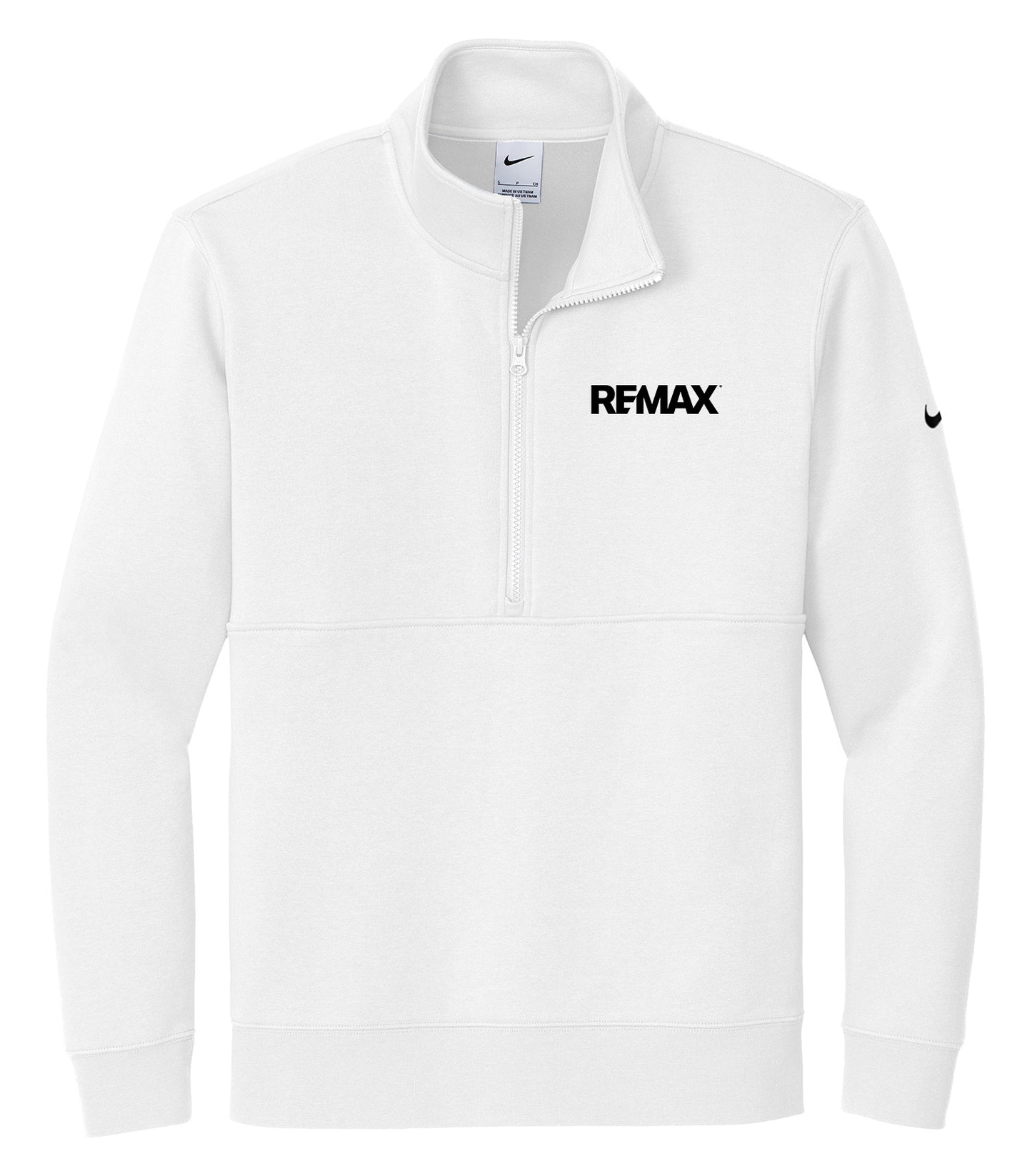 A white Nike quarter-zip pullover sweatshirt with a black 'REMAX' logo printed on the left chest and a small black Nike swoosh on the right sleeve, shown against a plain white background.
