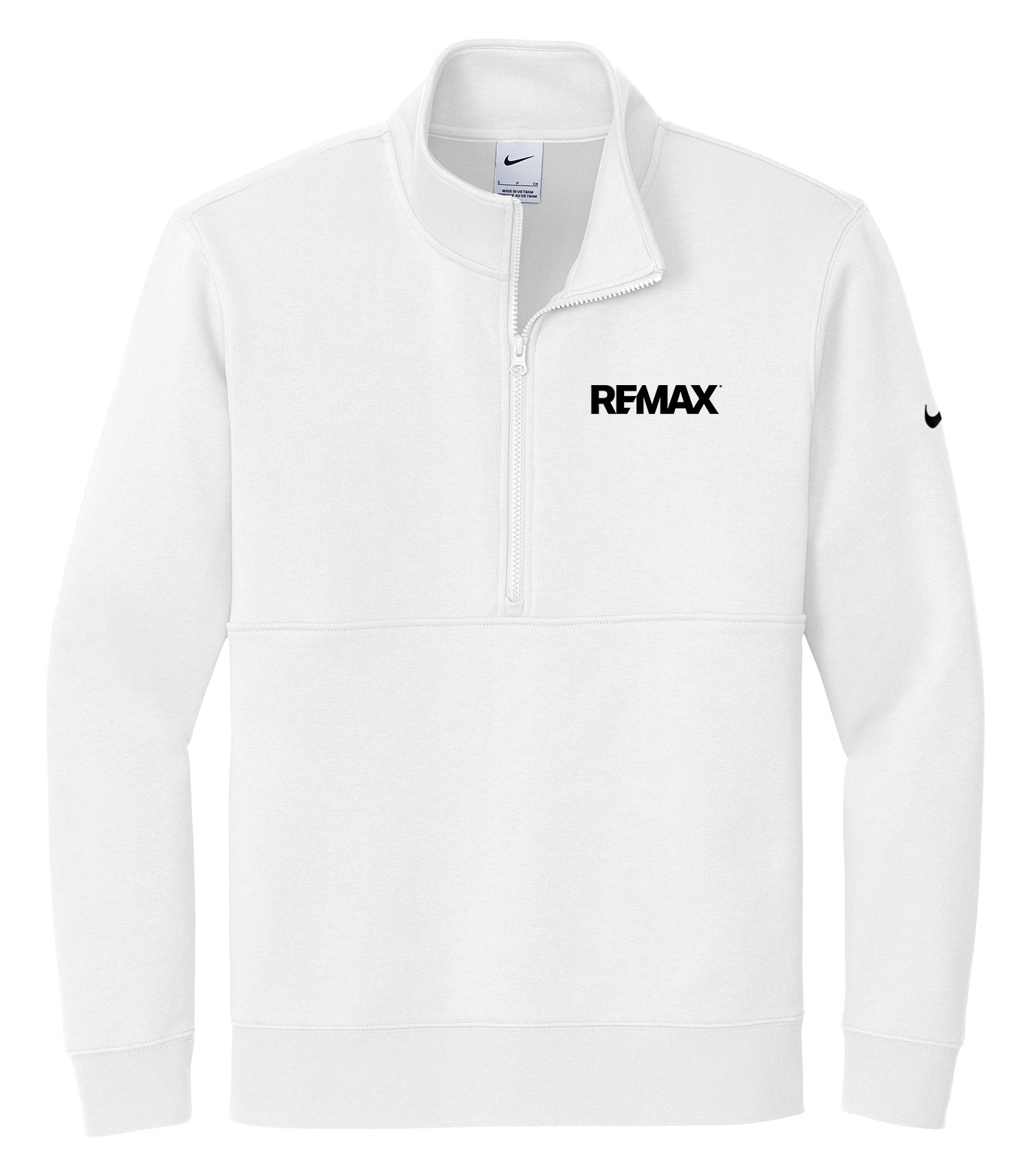 A white Nike quarter-zip pullover sweatshirt with a black 'REMAX' logo printed on the left chest and a small black Nike swoosh on the right sleeve, shown against a plain white background.