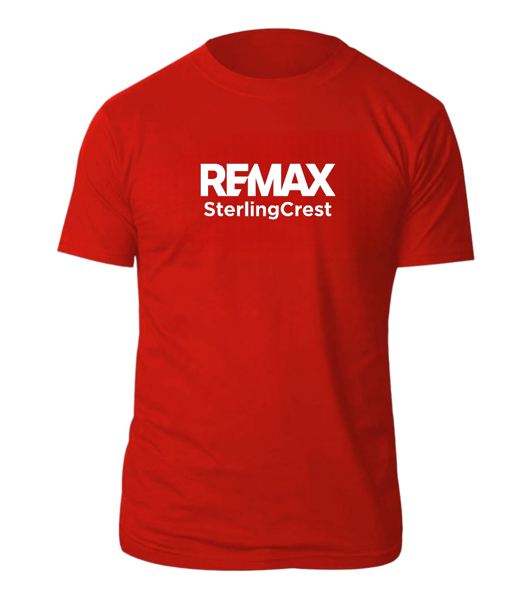 Red t-shirt with 'REMAX SterlingCrest' text on a white background