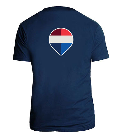 Navy blue t-shirt with a colorful logo on the back against a white background