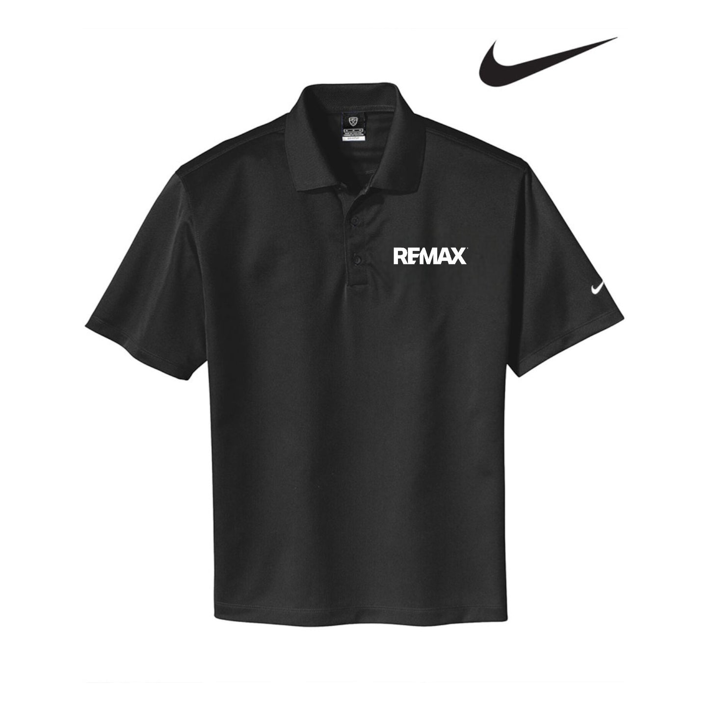 Black Nike polo shirt with REMAX logo on a white background