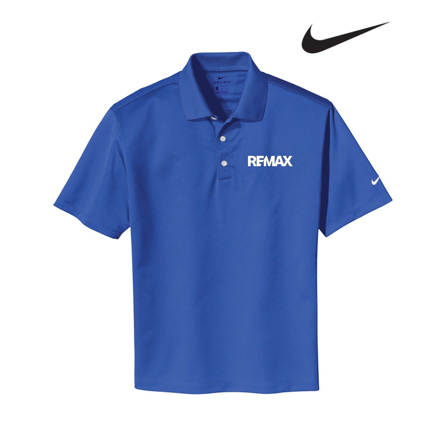 Blue polo shirt with REMAX logo on a white background