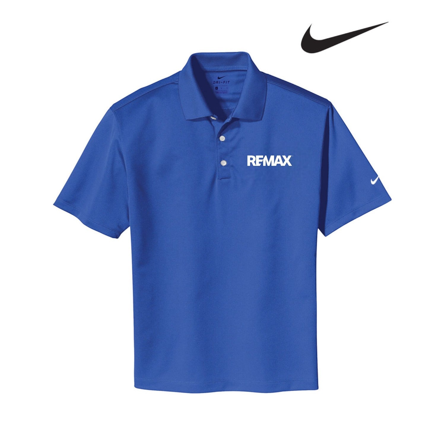 Blue polo shirt with REMAX logo on a white background