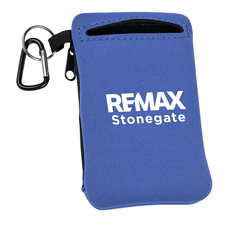 Blue pouch with REMAX Stonegate logo and carabiner on a white background