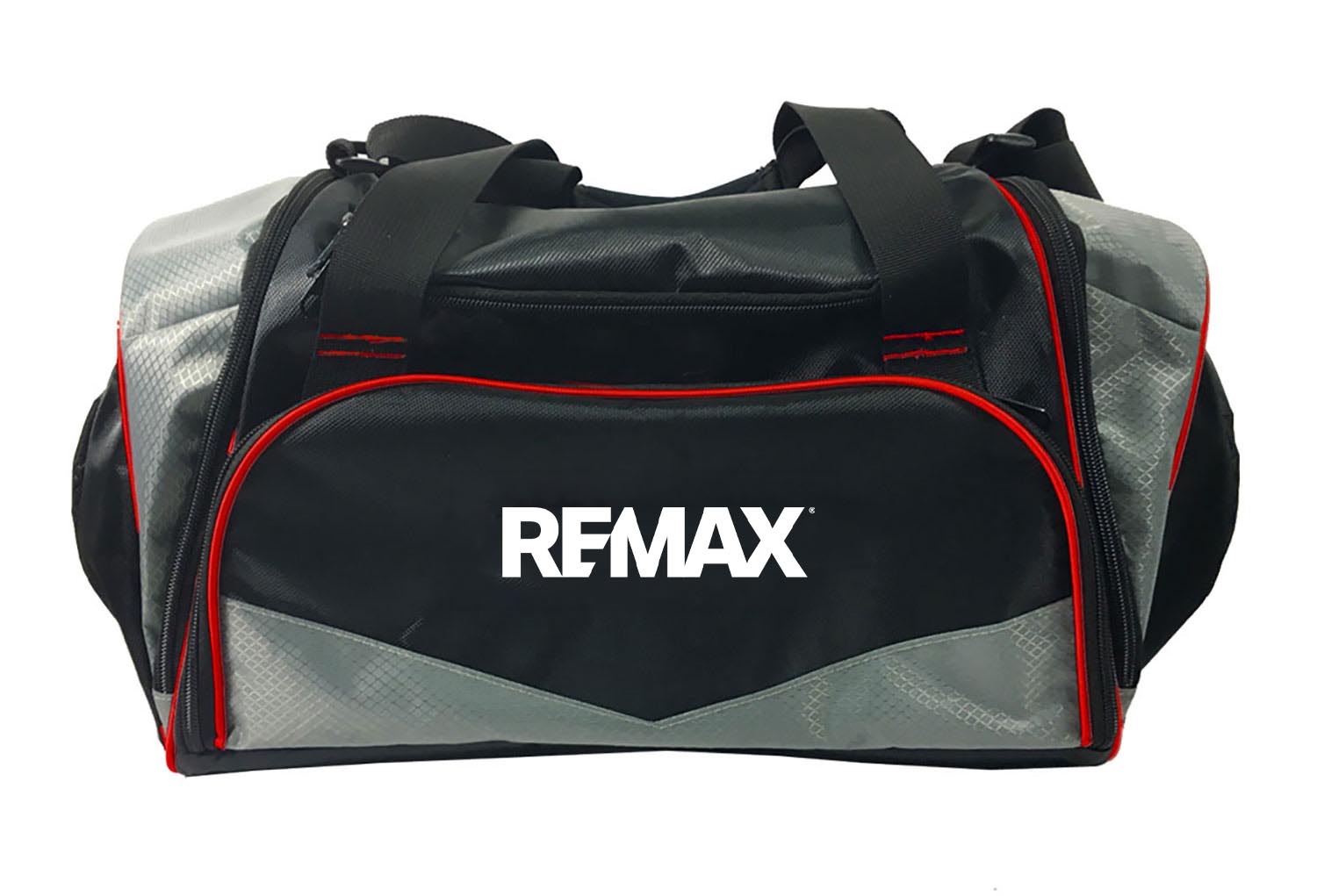 Black and gray duffel bag with red accents and REMAX logo on a white background