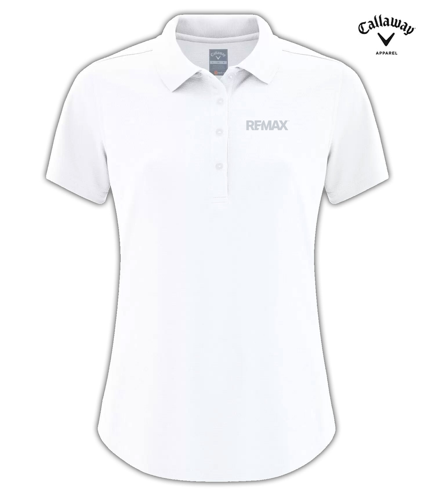A white short-sleeve polo shirt with a collar and three-button placket, featuring the Callaway REMAX logo on the left chest. The Callaway Apparel brand logo is also shown in the top right corner.