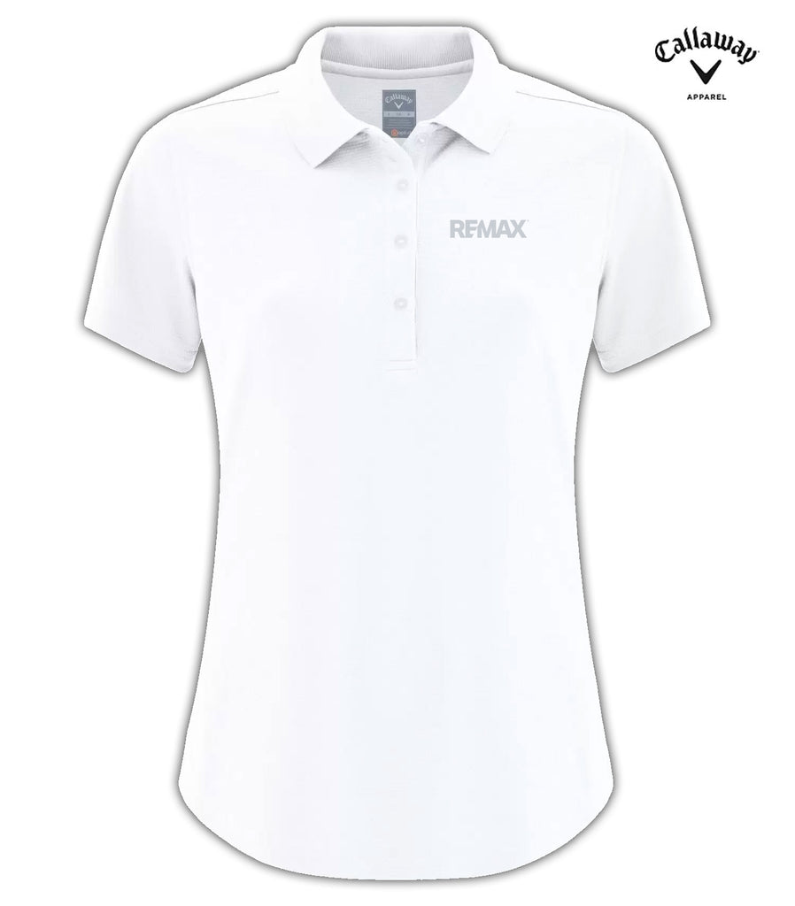 A white short-sleeve polo shirt with a collar and three-button placket, featuring the Callaway REMAX logo on the left chest. The Callaway Apparel brand logo is also shown in the top right corner.