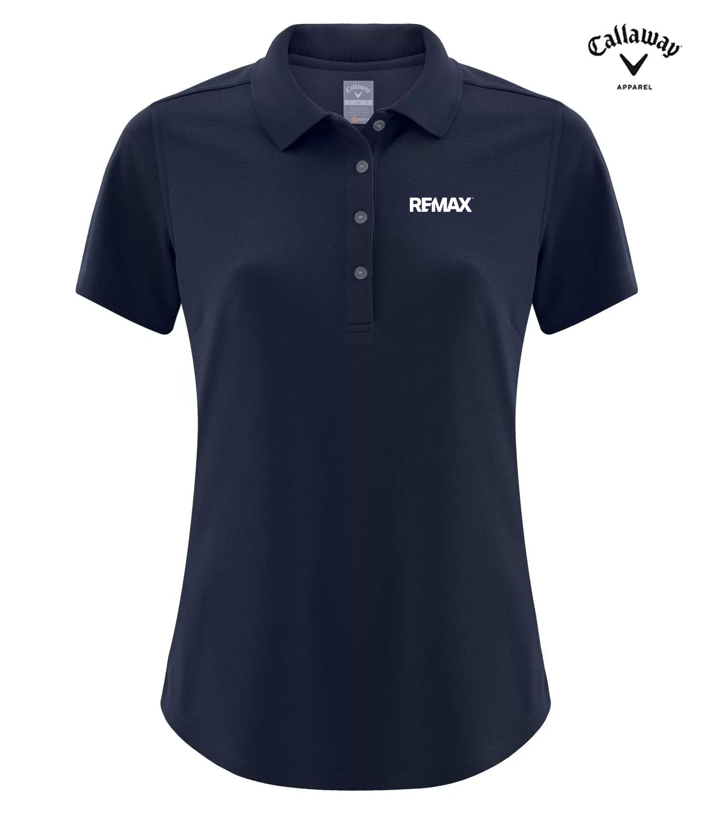 A navy blue short-sleeve polo shirt with a three-button placket and a white 'REMAX' logo on the left chest, shown on a plain white background with a Callaway Approved logo in the top right corner.