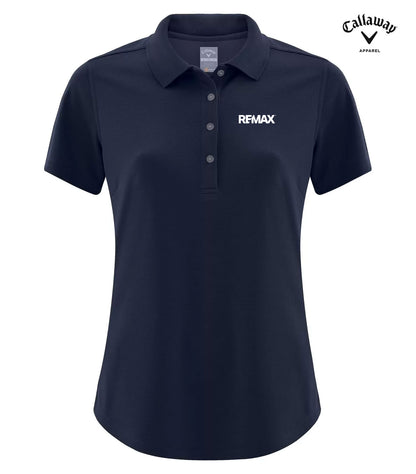 A navy blue short-sleeve polo shirt with a three-button placket and a white 'REMAX' logo on the left chest, shown on a plain white background with a Callaway Approved logo in the top right corner.