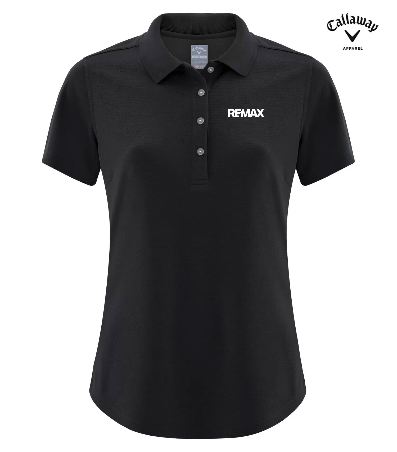 A black short-sleeve polo shirt with a three-button placket and a white REMAX logo on the left chest, shown on a plain white background with a Callaway Approved logo in the top right corner.