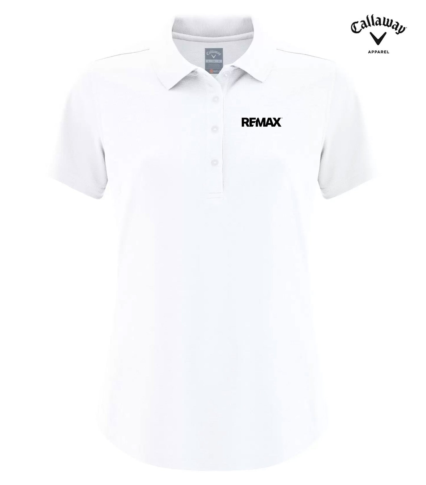 A white short-sleeve polo shirt with a collar and three-button placket, featuring the black 'RFMAX' logo on the left chest. The Callaway Apparel logo is visible in the top right corner.