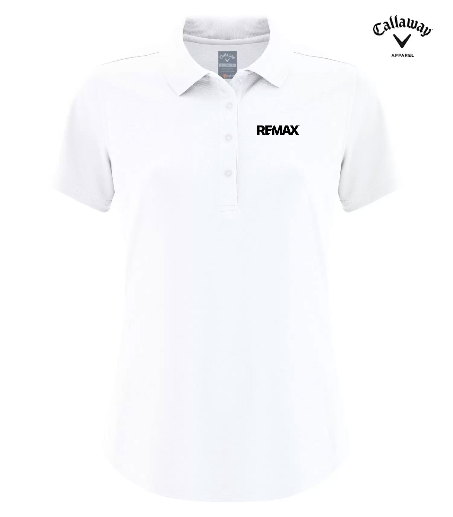 A white short-sleeve polo shirt with a collar and three-button placket, featuring the black 'RFMAX' logo on the left chest. The Callaway Apparel logo is visible in the top right corner.