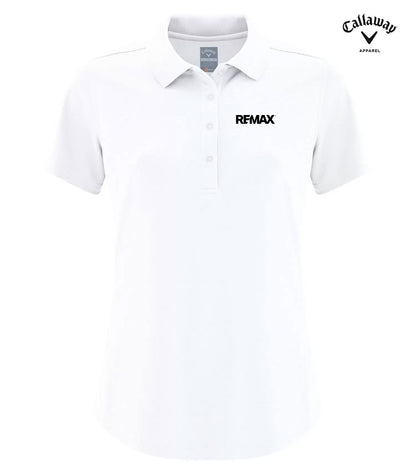A white short-sleeve polo shirt with a collar and three-button placket, featuring the black 'RFMAX' logo on the left chest. The Callaway Apparel logo is visible in the top right corner.