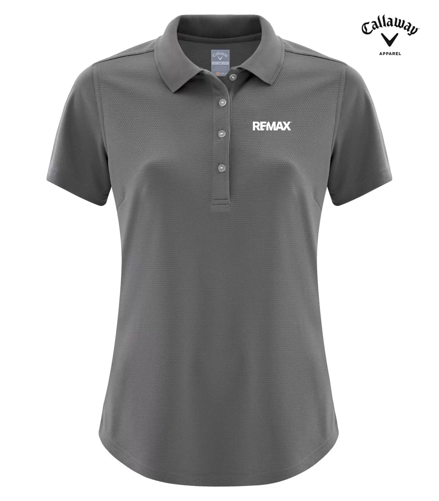 A dark gray short-sleeve polo shirt with a three-button placket and a white REMAX logo on the left chest, shown on a plain white background with a Callaway Approved logo in the top right corner.