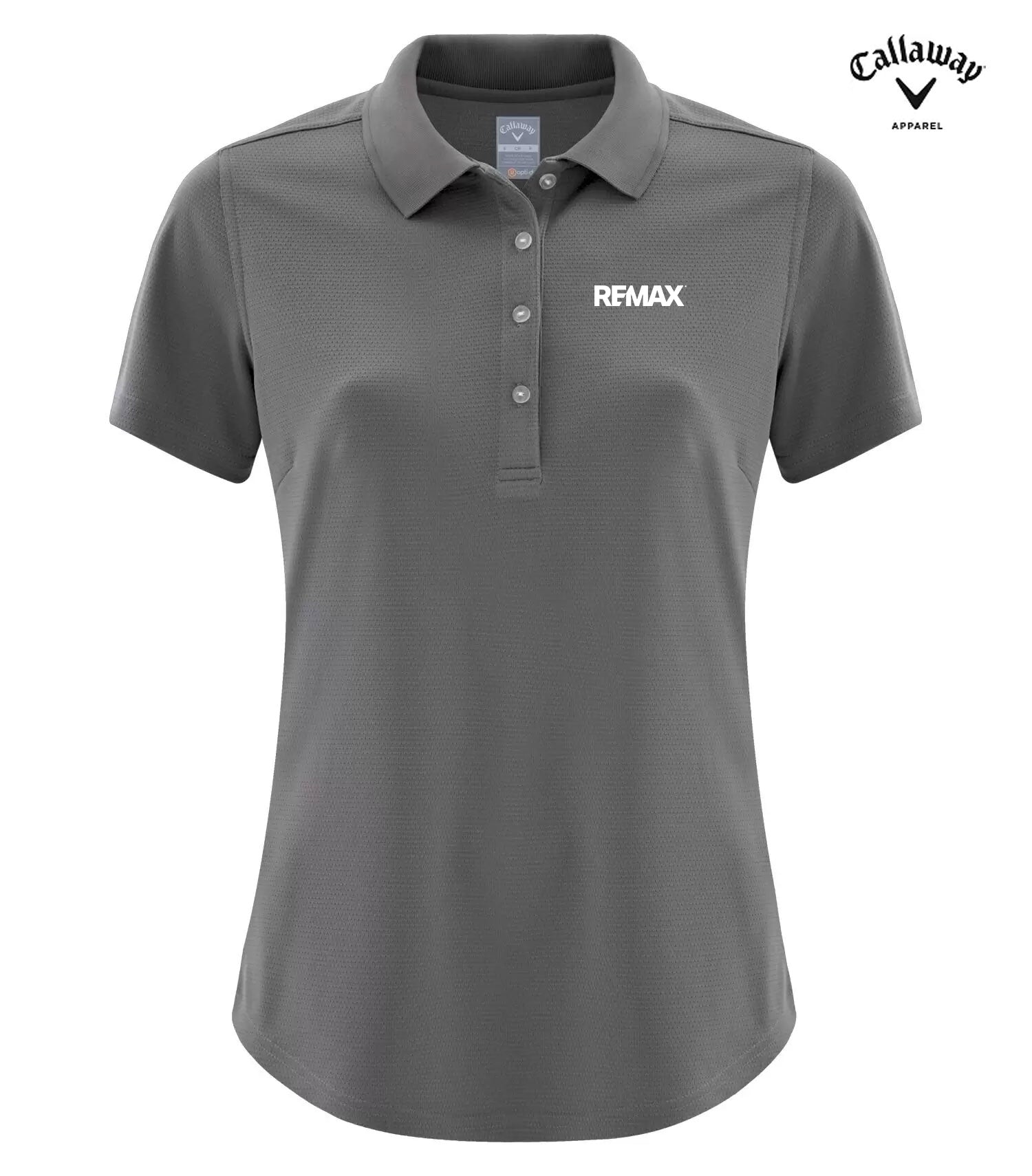 A dark gray short-sleeve polo shirt with a three-button placket and a white REMAX logo on the left chest, shown on a plain white background with a Callaway Approved logo in the top right corner.