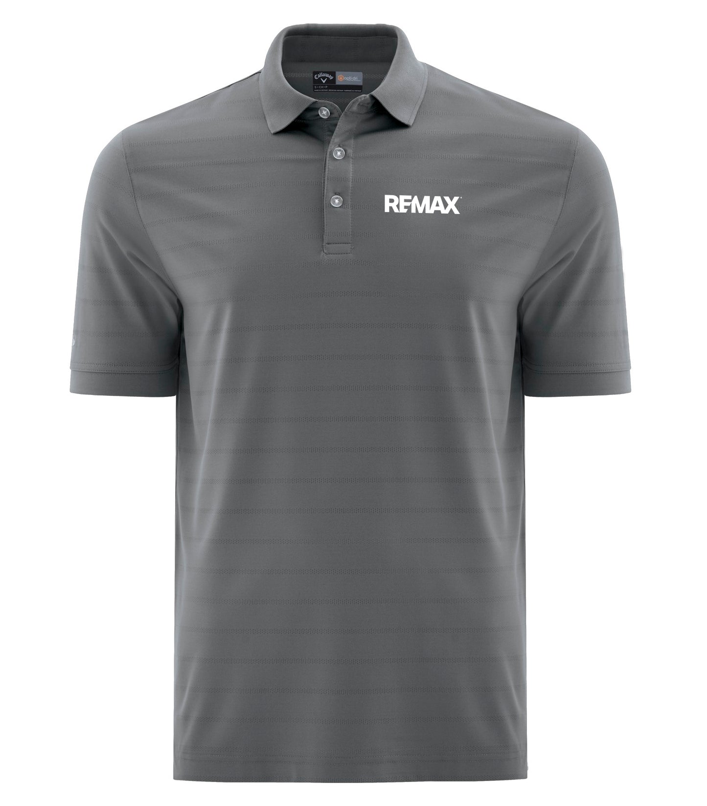 A dark gray short-sleeve polo shirt with a white 'REMAX' logo printed on the left chest, displayed on a clean white background.