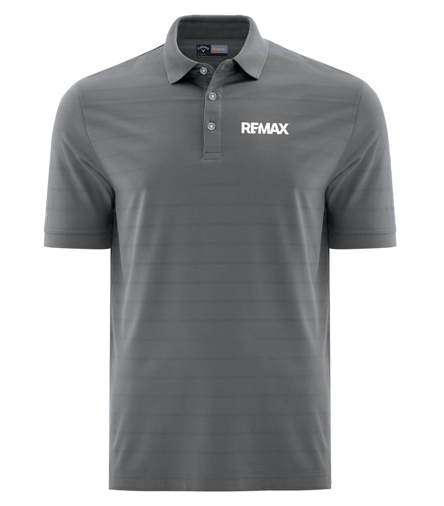 A dark gray short-sleeve polo shirt with a white 'REMAX' logo printed on the left chest, displayed on a clean white background.