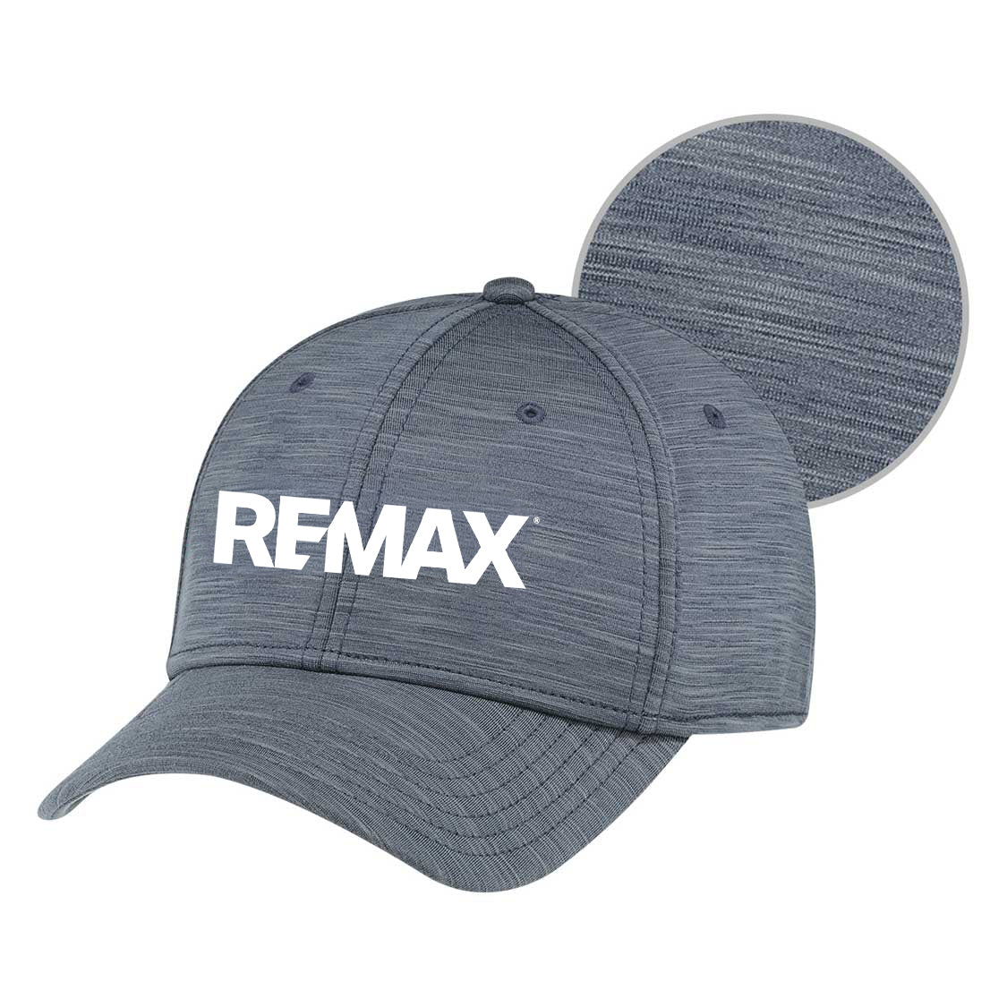 A dark gray heathered baseball cap with the white REMAX logo on the front, shown against a plain white background with a circular inset highlighting the textured fabric.