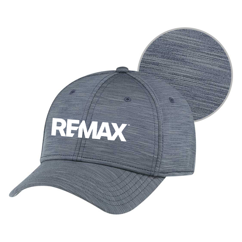 A dark gray heathered baseball cap with the white REMAX logo on the front, shown against a plain white background with a circular inset highlighting the textured fabric.