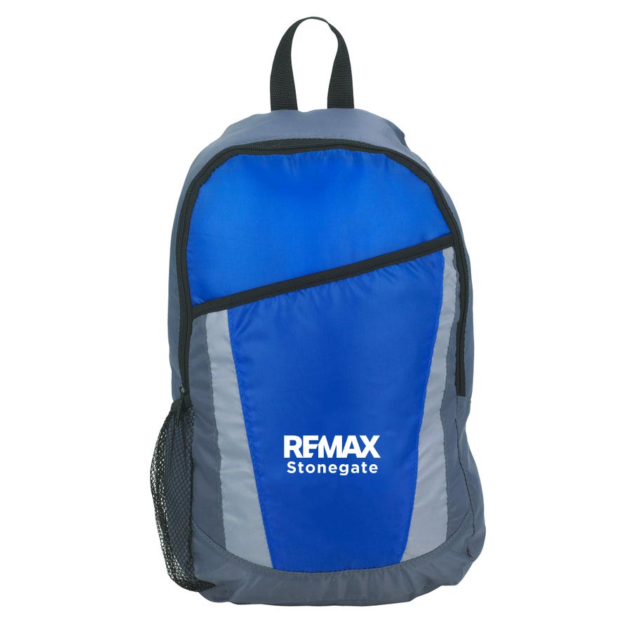 Blue and gray backpack with REMAX Stonegate logo on a white background
