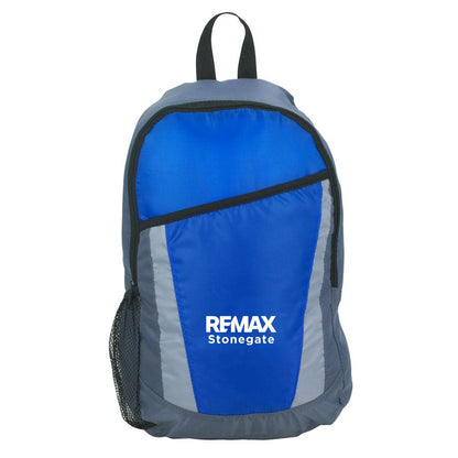 Blue and gray backpack with REMAX Stonegate logo on a white background