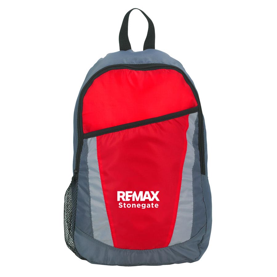 Red and gray backpack with RMAX Stonegate logo on a white background