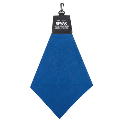 Blue towel with a REMAX tag on a white background