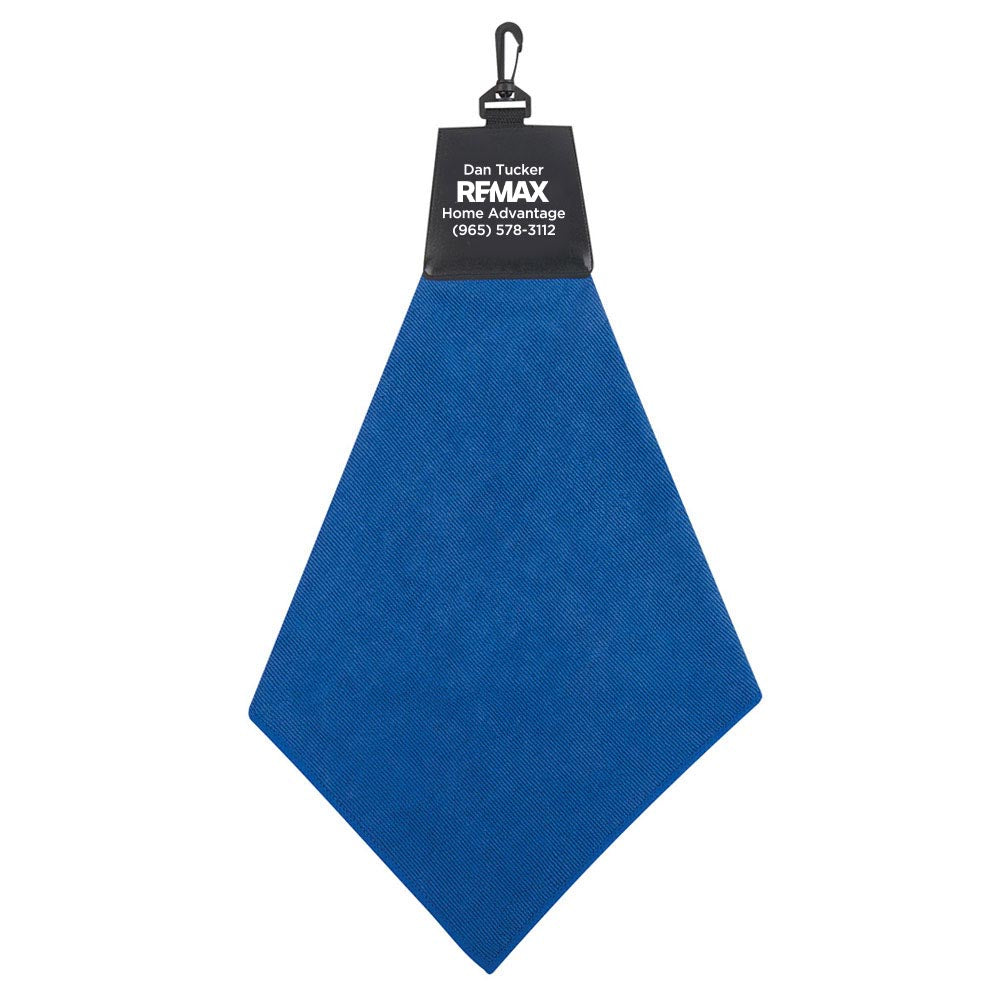 Blue towel with a REMAX tag on a white background