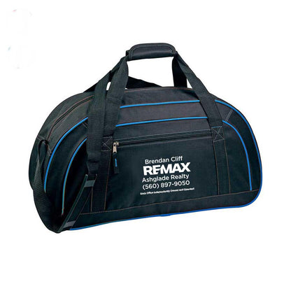 Black duffel bag with blue accents featuring REMAX branding on a white background