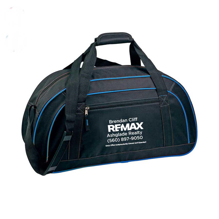 Black duffel bag with blue accents featuring REMAX branding on a white background