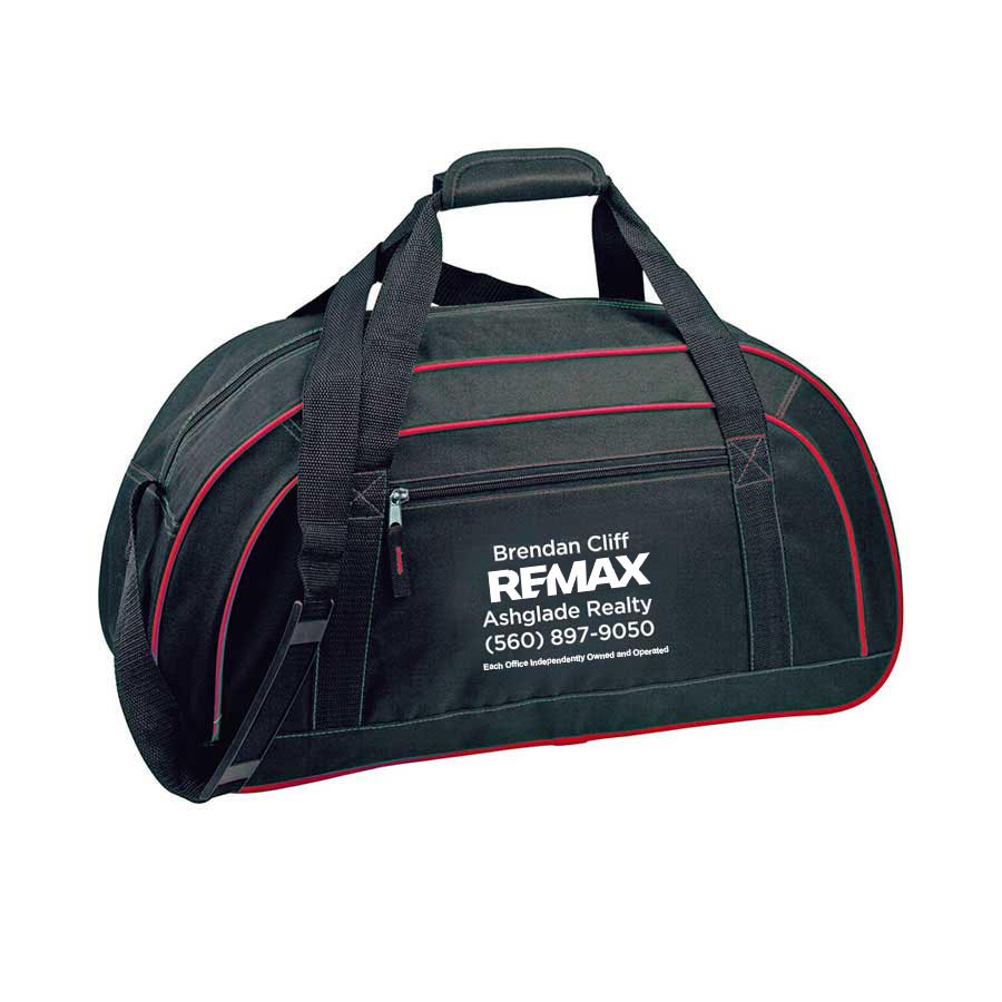 Black duffel bag with REMAX branding on a white background