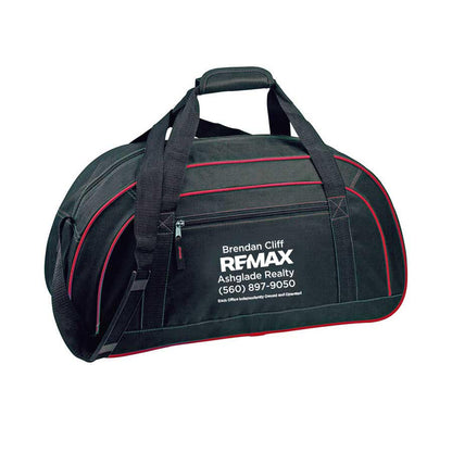 Black duffel bag with REMAX branding on a white background