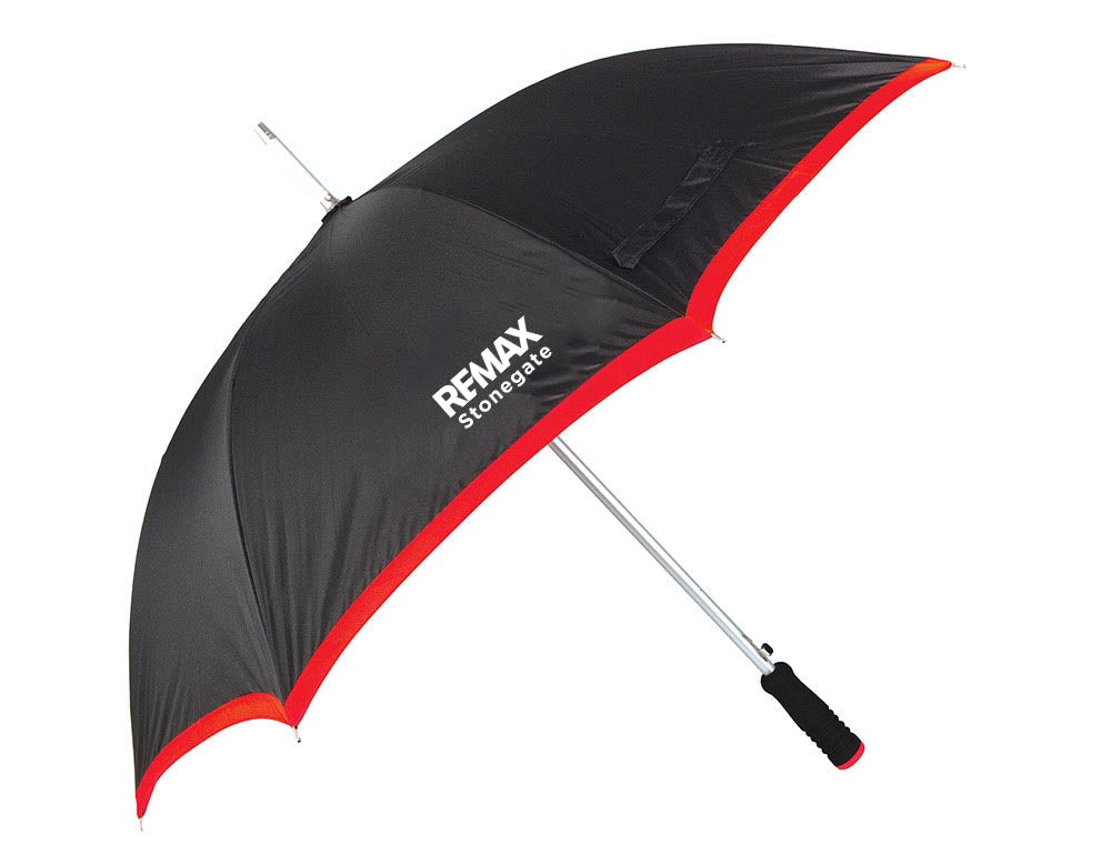 Black umbrella with red trim featuring Remax Stonegate logo on a white background