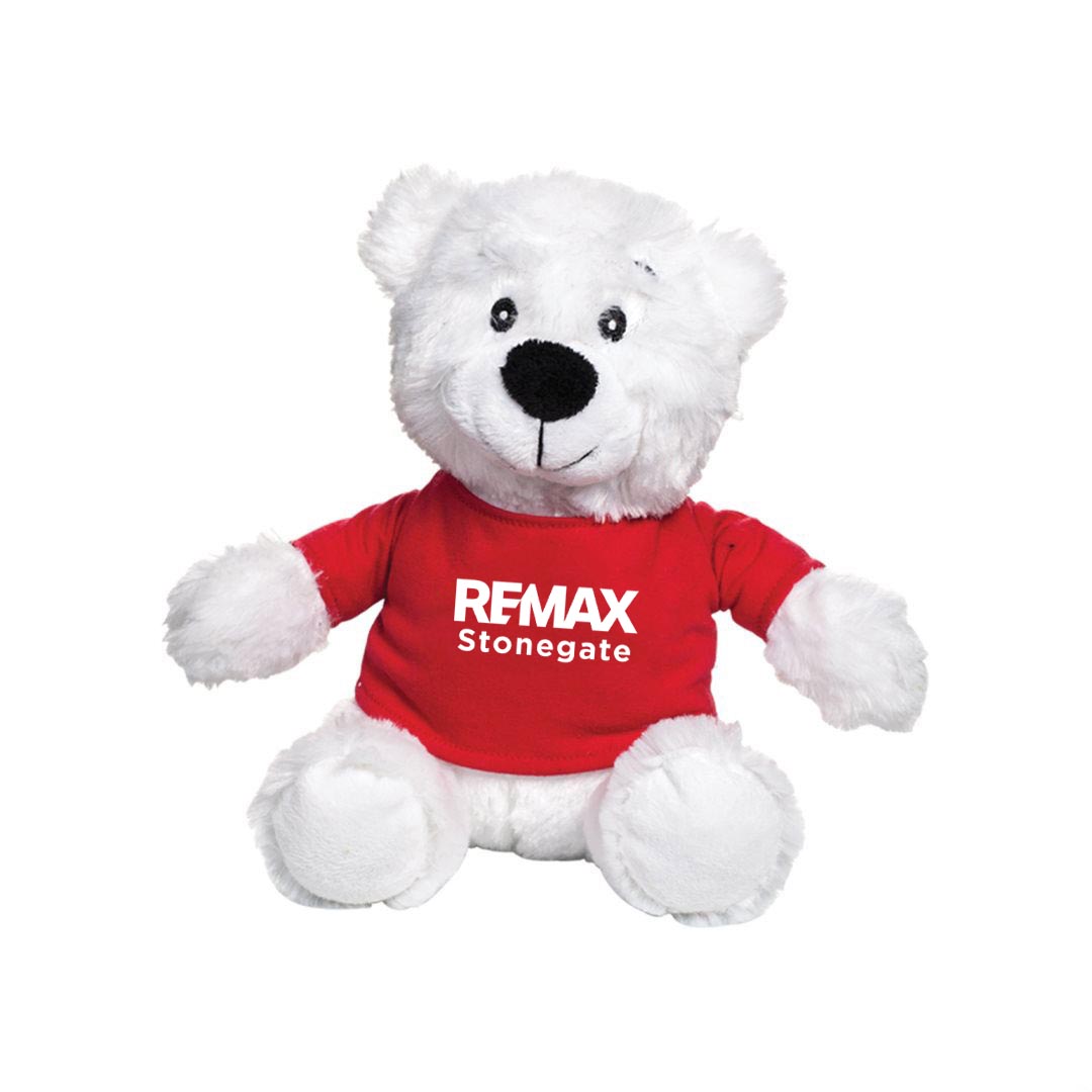 White teddy bear wearing a red shirt with 'REMAX Stonegate' text on a white background