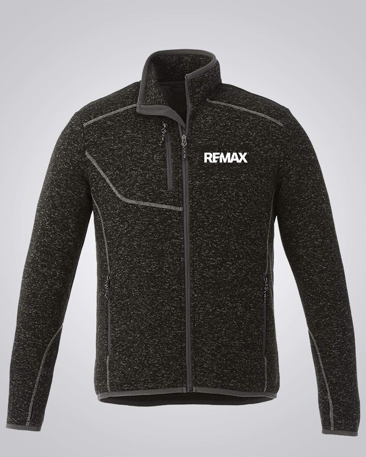 A dark gray heathered zip-up fleece jacket with a white REMAX logo on the left chest, displayed on a neutral light gray background.