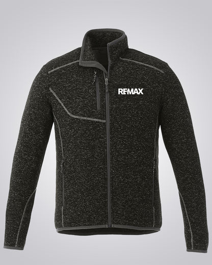 A dark gray heathered zip-up fleece jacket with a white REMAX logo on the left chest, displayed on a neutral light gray background.