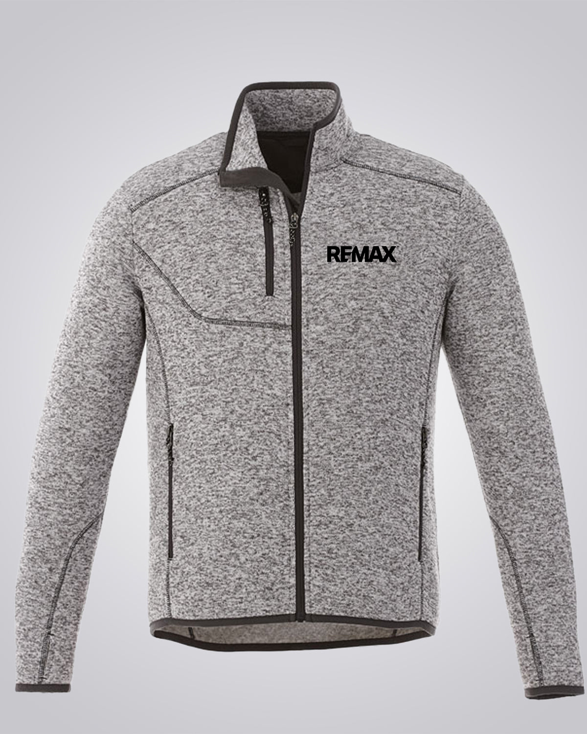 A heather gray zip-up fleece jacket with a black interior lining, black zipper, and the black REMAX logo on the left chest, shown against a light gray background.